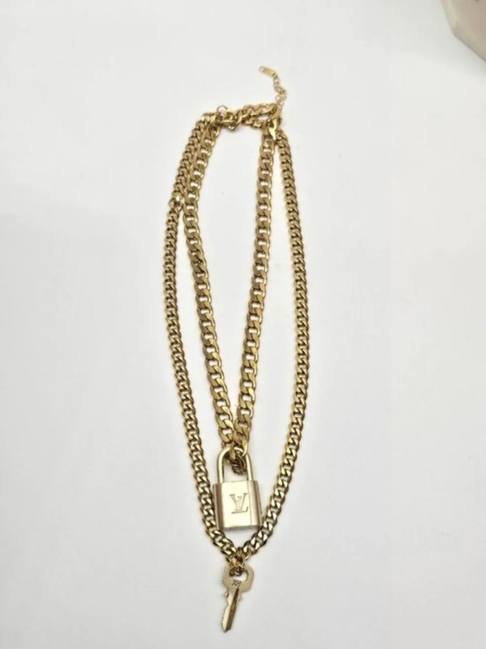 Authentic Louis Vuityon Gold Padlock Pendant with Stainless Steel 2 Cuban Style